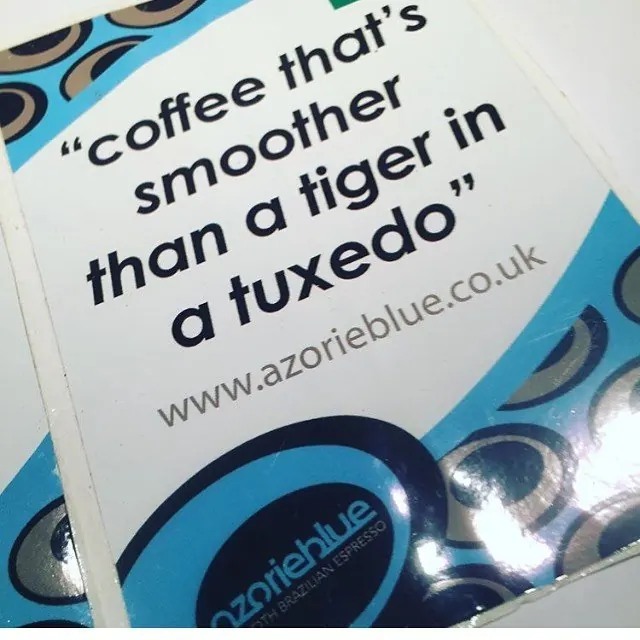 An Azorie Blue coffee bag: 'coffee that's smoother than a tiger in a tuxedo'